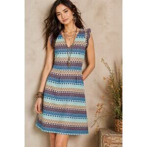 Tabitha Anthropologie Knit Jacquard Dress Sz 0 Fit & Flare Ruffle Sleeve